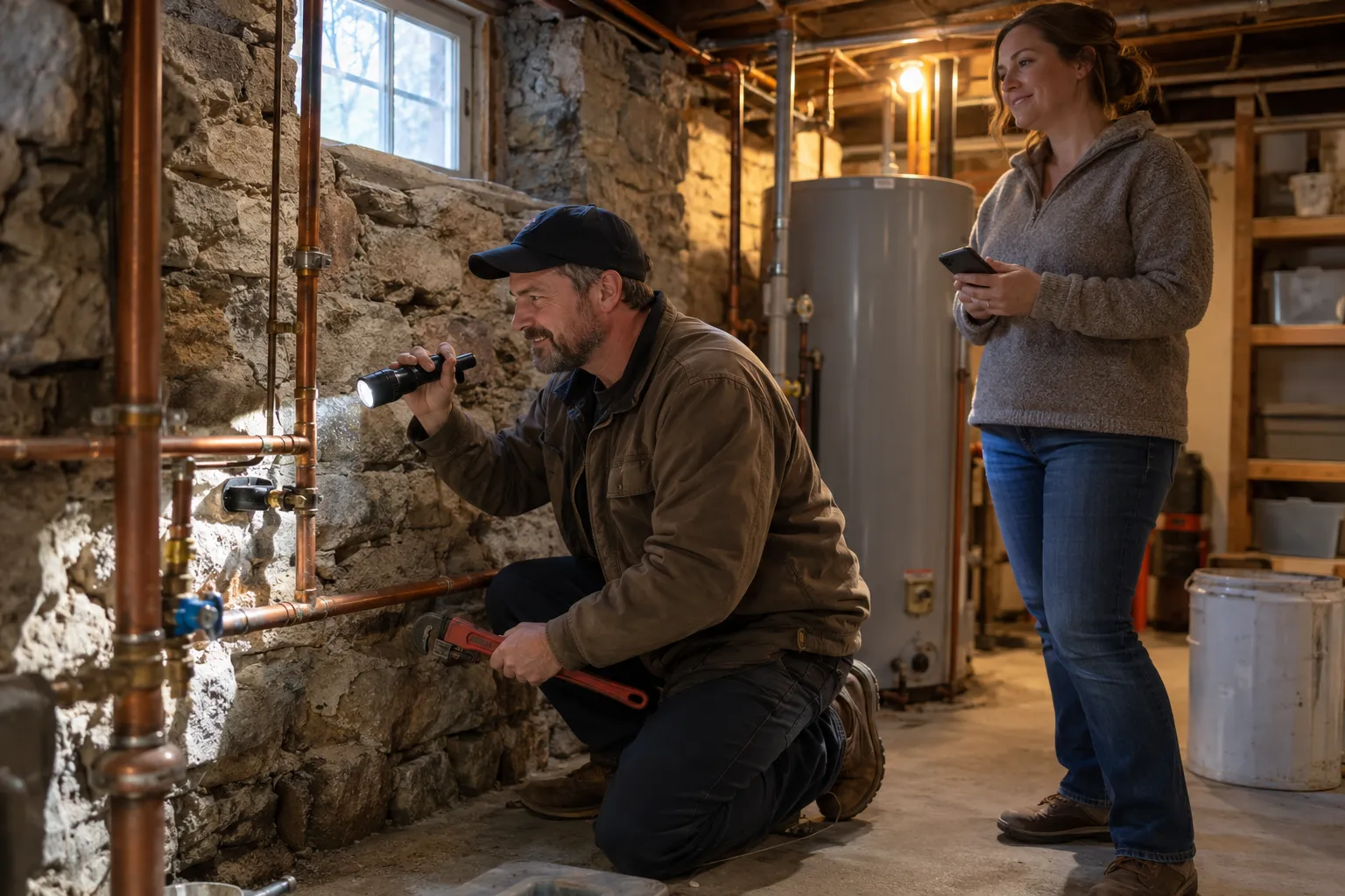 Friendly local plumber checking a pipe under a basement ceiling in a Marlborough home while a homeowner looks on